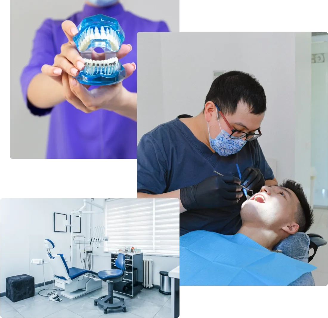 Dental care collage: a teeth model with aligners, a dentist treating a patient, and a modern dental operatory